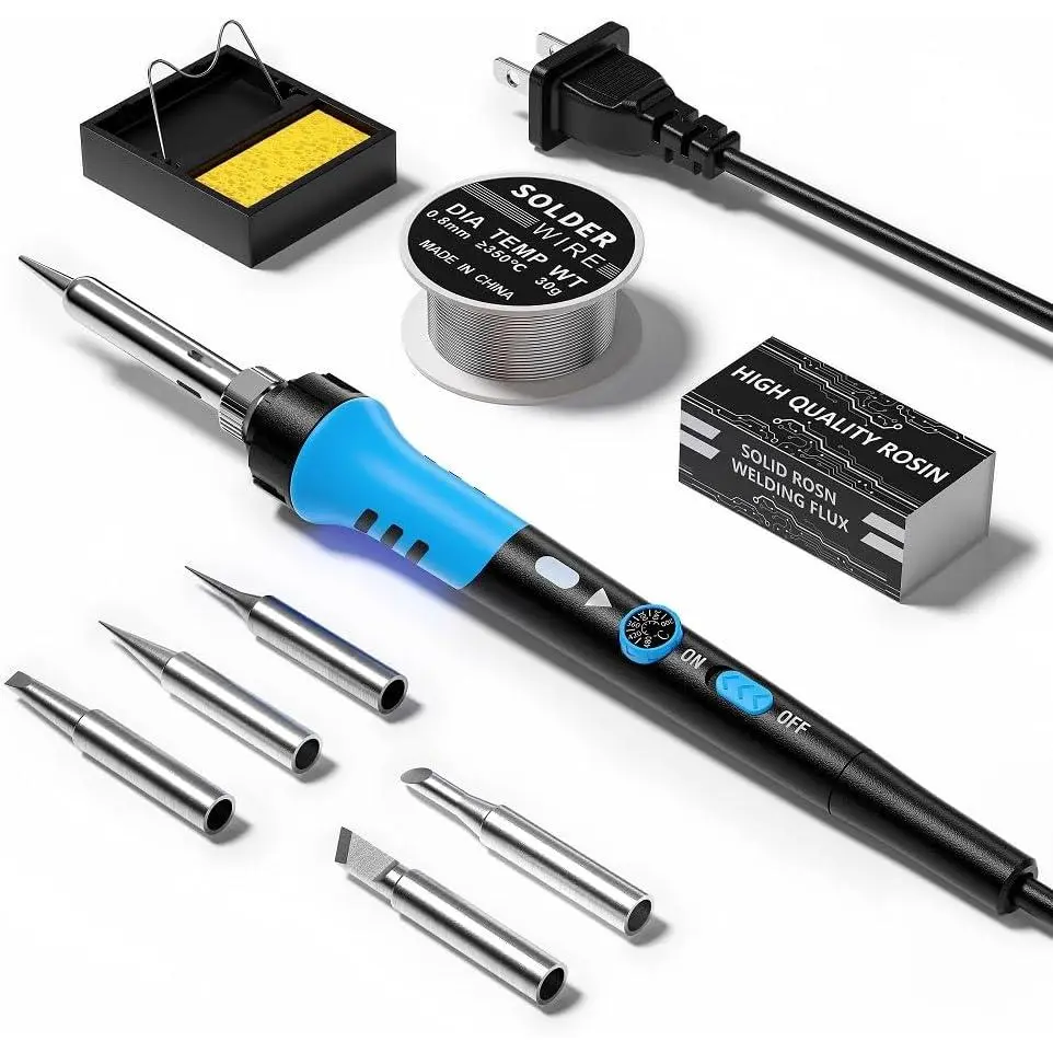 Soldering Iron Kit, 60W gun with Ceramic Heater, 9-in-1 solder kit tool, Adjustable Temperature 200 to 450℃, Iron Tips, wire, Solder Stand for Welding and Repairing