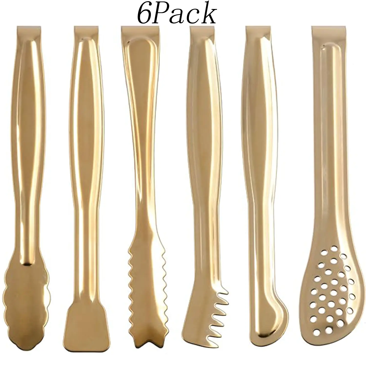 6-Pack 6-Inch Stylish Golden Plated Stainless Steel Mini Serving Tongs Set - Various Shapes Kitchenware for Appetizers - All Seasons Holiday Gift for Friends