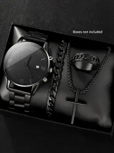 4 PCS Fashion Simple Analog Quartz Watch with Calendar Black Hip Hop Style Cross Pendant Necklace Fashion Watch Set