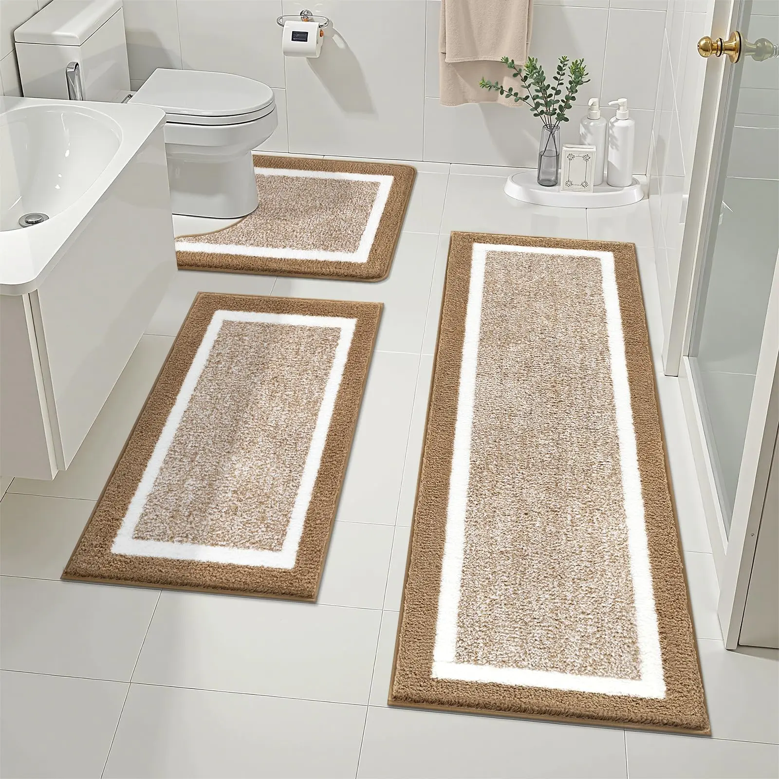 Beige Bathroom Rugs Set 3 Piece Non Slip Washable, Plush Absorbent Microfiber Bath Mat Shower Rug Runner Quick Dry, Super Soft U Shaped Toilet Mats Floor Carpet