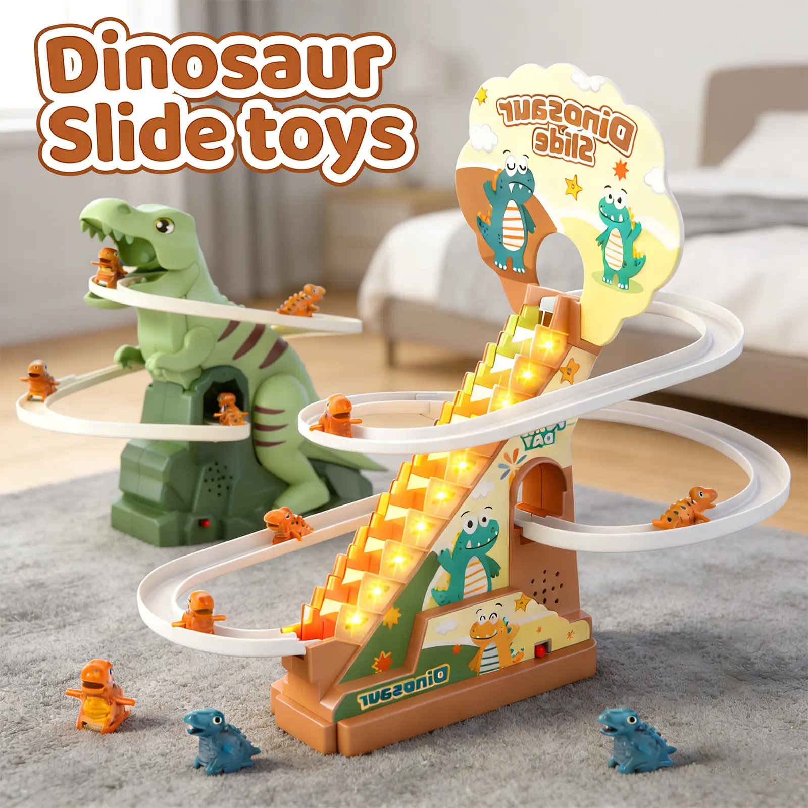 dinosaur stair climbing toy, electric double track with lighting and music, automatic dinosaur stair climbing toy suitable for children over 3 years old, educational interactive game set for children boys and girls.