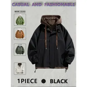 Men's Zip Up Hoodie Coat, Casual Loose Long Sleeve Hooded Sweatshirt jacket for Daily Wear Fake two-piece jacket, Men's Clothes for All Seasons, Zip Hooded Longsleeves Menswear