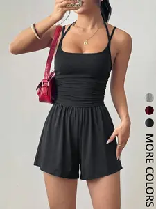 Women's Summer Casual Ruched Strappy Jumpsuit, Loose Fit Straight Leg Romper, Two-Piece Style, Plain Pattern, Comfortable & Stylish