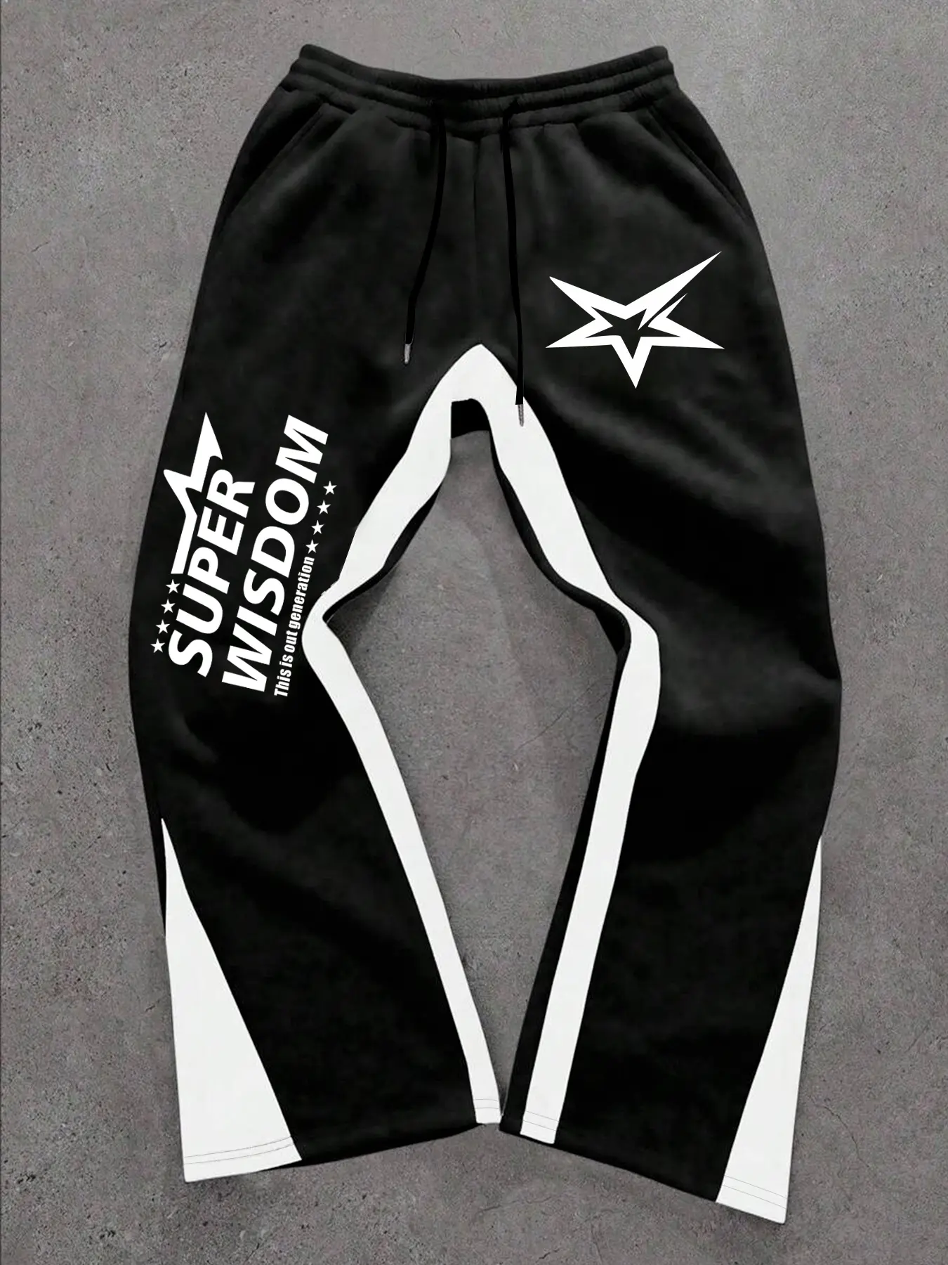 Unisex Flare Leg Sweatpants, Adjustable Drawstring Graphic Sweatpants, Colorblock, Side Super Wisdom Print, Star Pattern Design, Drawstring Waist, Loose Fit, Athleisure Style Bottoms