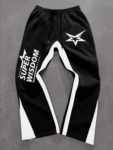 Unisex Flare Leg Sweatpants, Colorblock, Side Super Wisdom Print, Star Pattern Design, Drawstring Waist, Loose Fit, Athleisure Style Bottoms