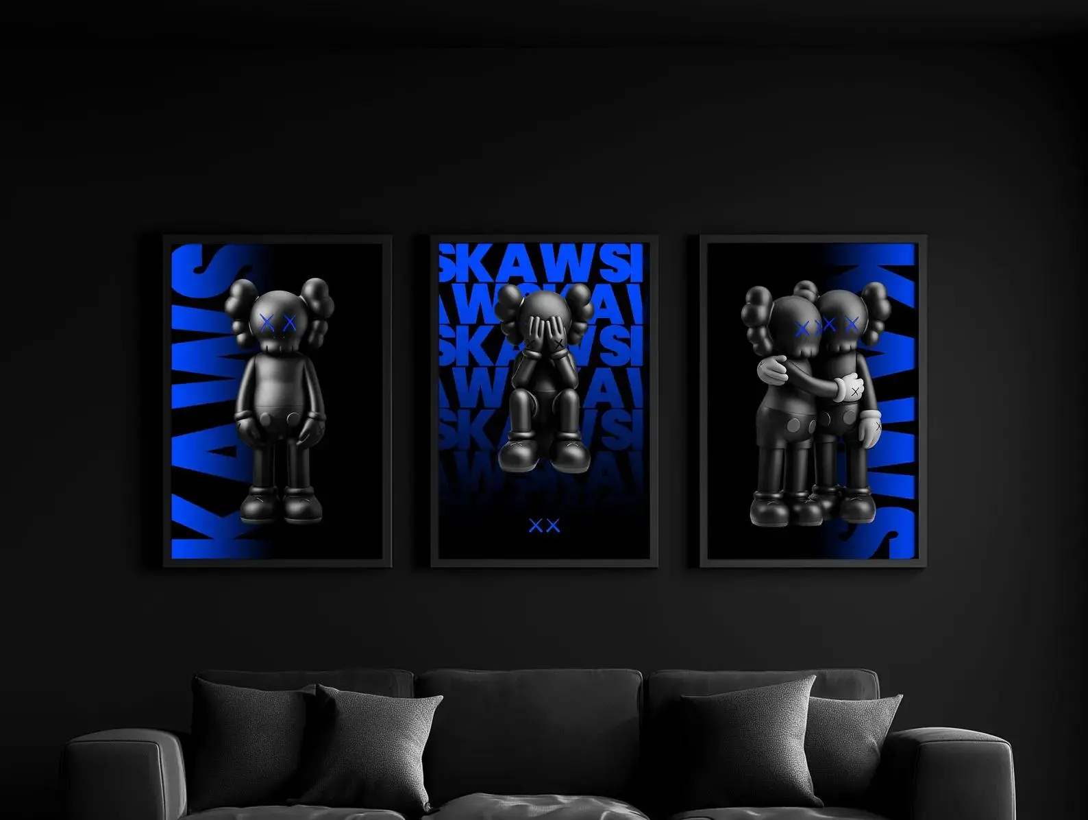 Set of 3 Black & Blue KAWS Digital Wall Art Posters, Hypebeast Decor Prints , KAWS Poster