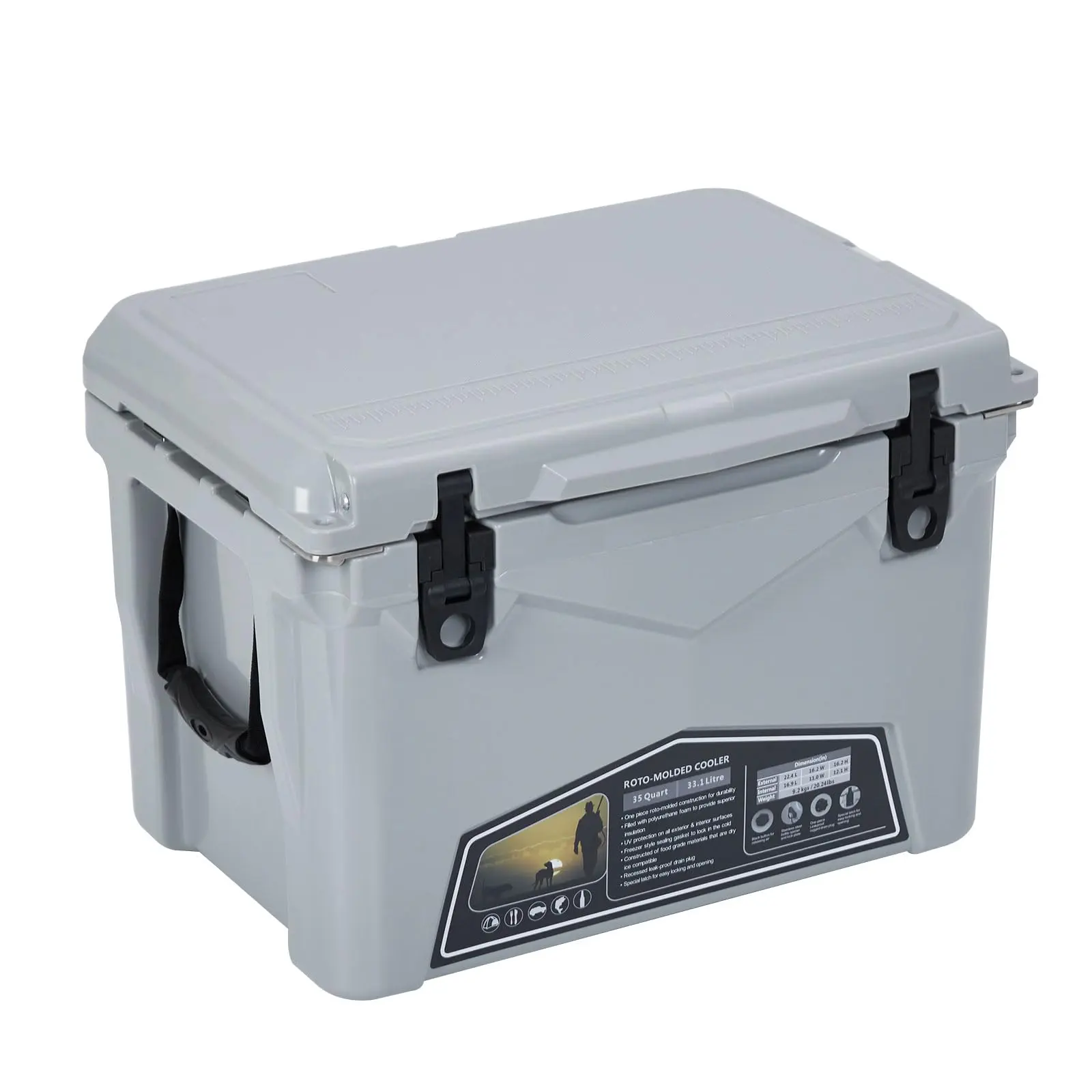 【GARVEE】35QT Rotomolded Portable Cooler with Handle and Leak-Proof Drain, Ideal for Camping, Beach, Fishing, Tailgating, and Outdoor Beverage Storage, Durable Grey Design