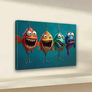 Framed Charming Cartoon Fish Canvas Art with Wooden Frame, Suitable for Home Decoration or as a Gift, Applicable for Living Room, Bathroom, or Kitchen