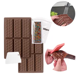 2 Pack 12 Cavities Chocolate Bar Mold Deep with Bags Scraper, Thick Chocolate Bar Mold for Stuffed Bar, Silicone Chocolate Mold for Filling Knafeh Pistachio Chocolate Bar (Diamond)