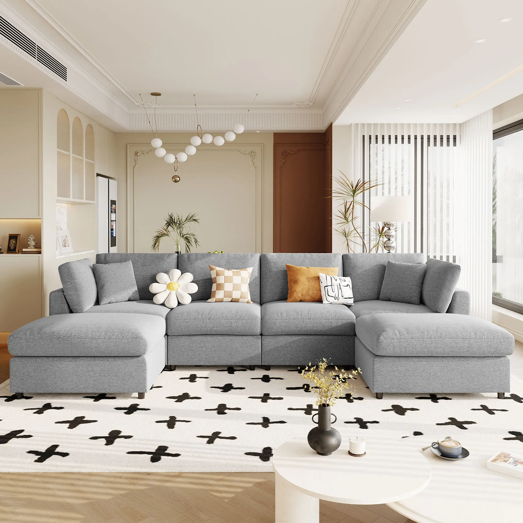 128" Chenille Contemporary Convertible U-Shaped Sectional Sofa Set - Oversized Customizable Deep Seating Lounge Couch with 2 Movable Ottomans, Modern Upholstered for Living Room, Contemporary Sectional Sofa
