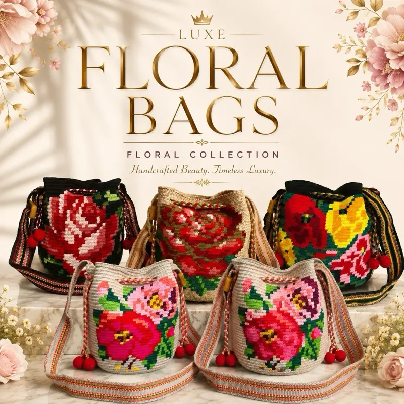 Luxury Handmade Floral Wayuu Bag with Adjustable Wooden Strap | Exclusive Artisan Design 9x9”