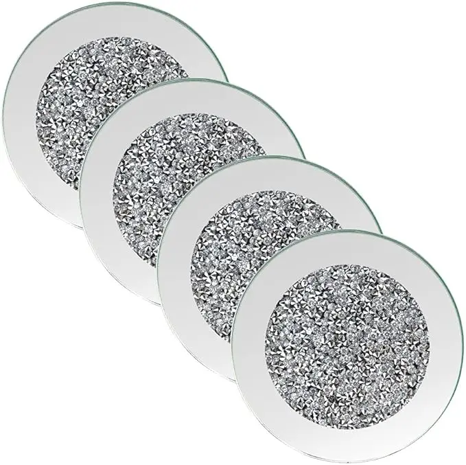 Mirrored Coaster 4 PC, Crushed Diamond Round 4" Cup Mat Decor on Tabletop for Bar Tools Dining Table