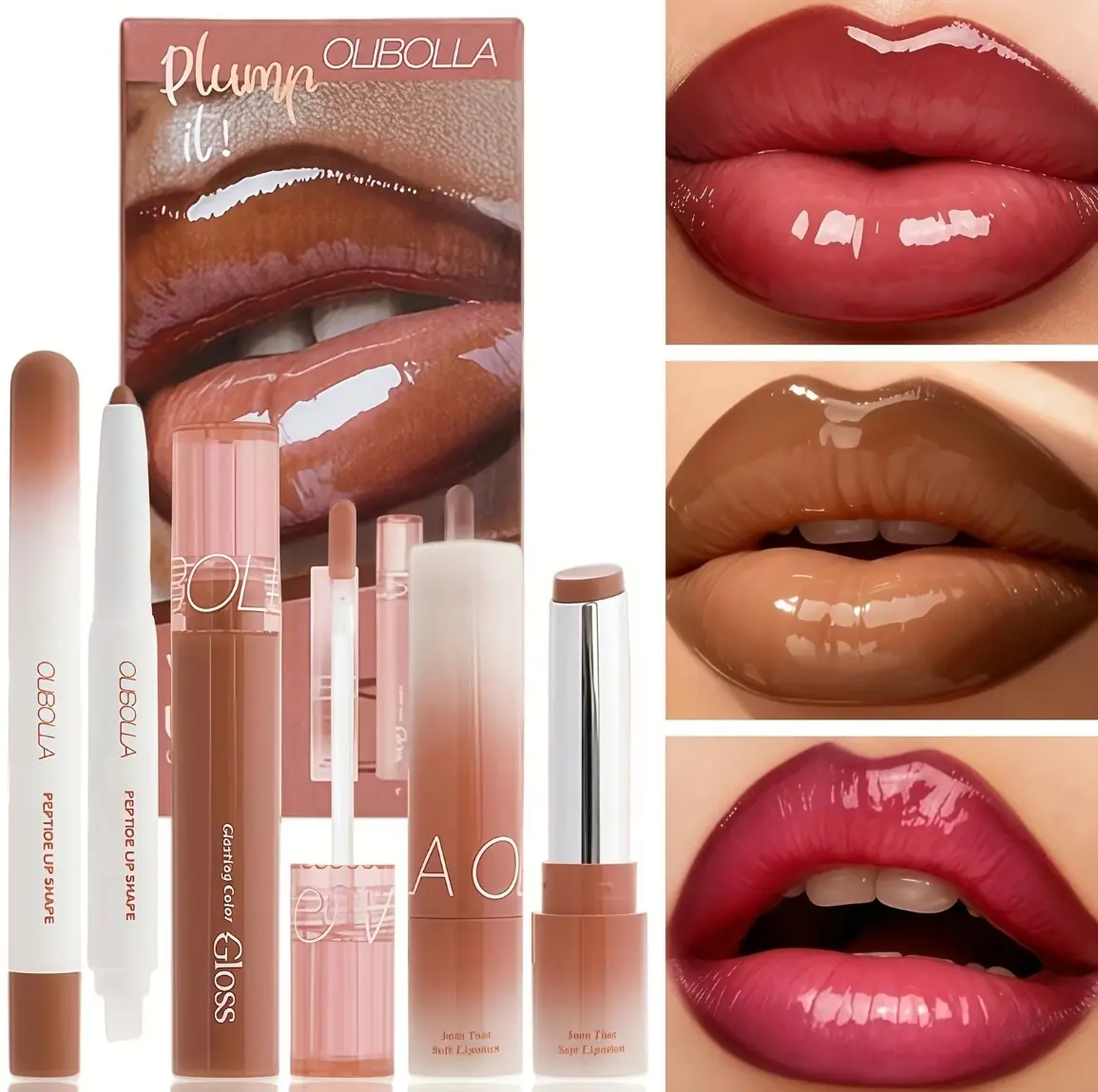 OLIBOLLA Volume Lip Sculpt Trio Set Lip Liner Lipstick Lip Glaze 3-in-1 Easy Color Gift Box for Flawless Glossy Lips Makeup Lipgloss Cosmetic, Mirror, Water Proof