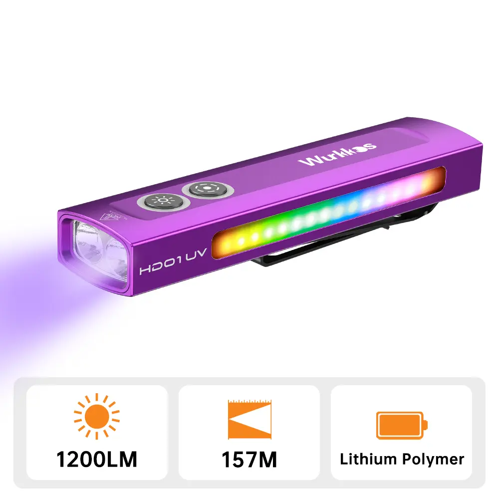 Wurkkos HD01UV dual light source flashlight 1200 lumens white light 365nm UV lamp with side RGB ambient light IP65 waterproof multi-functional outdoor lighting