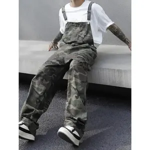 Men’s fashion camo denim overalls, 100% cotton, extra long length, all-season casual regular fit with pockets, woven fabric, 288 g/m² — versatile streetwear
