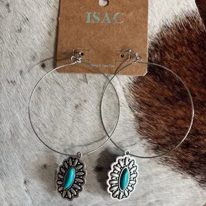 ISAC Turquoise Dangle Hoop Earrings - Silver Tone with Turquoise Stone - Handcrafted & Lead-Free Jewelry