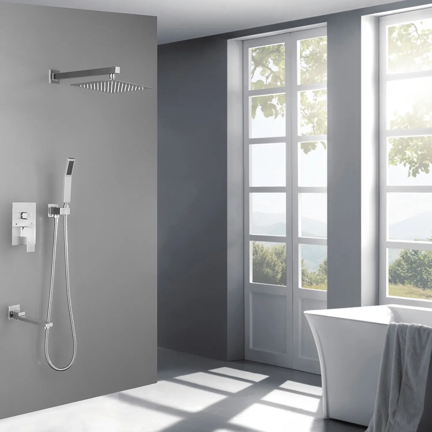 10-Inch Square Wall-Mounted Rain Shower Head Combo Set - American Standard Pipes, Silicone Self-Cleans Feature, HDMW Bathroom Plumbing System, Matte Black/Brushed Nickel Finish, Natural Water Contact Experience