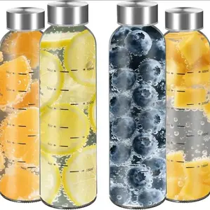 【WINSA】 Reusable Glass Juice Water Bottles (17oz, 25oz) - 4Pack, 6Pack Clear Drinkware with Stainless Steel Lid, 100% Leak-Proof, BPA-Free, Washable Tumbler for Refrigerator