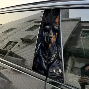 2pcs Sunglasses DobermanBlack Leather Jacket DobermanMetal Chain Doberman Car Sticker B-Pillar DIY Center Pillar Film Decorative Car Accessory