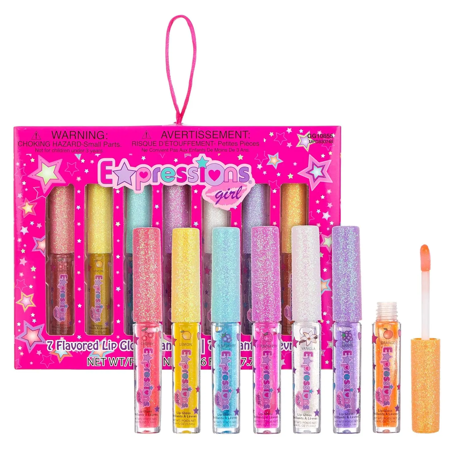 Kids' 7 Piece Lip Gloss Set with Natural Oils, Assorted Fruity Flavors - Non-Toxic Hi-Shine Makeup for Sensitive Skin, 0.26 oz Tubes, Cosmetic, Lip Color, Pack, Multi-Pack, Hi-Shine Shine