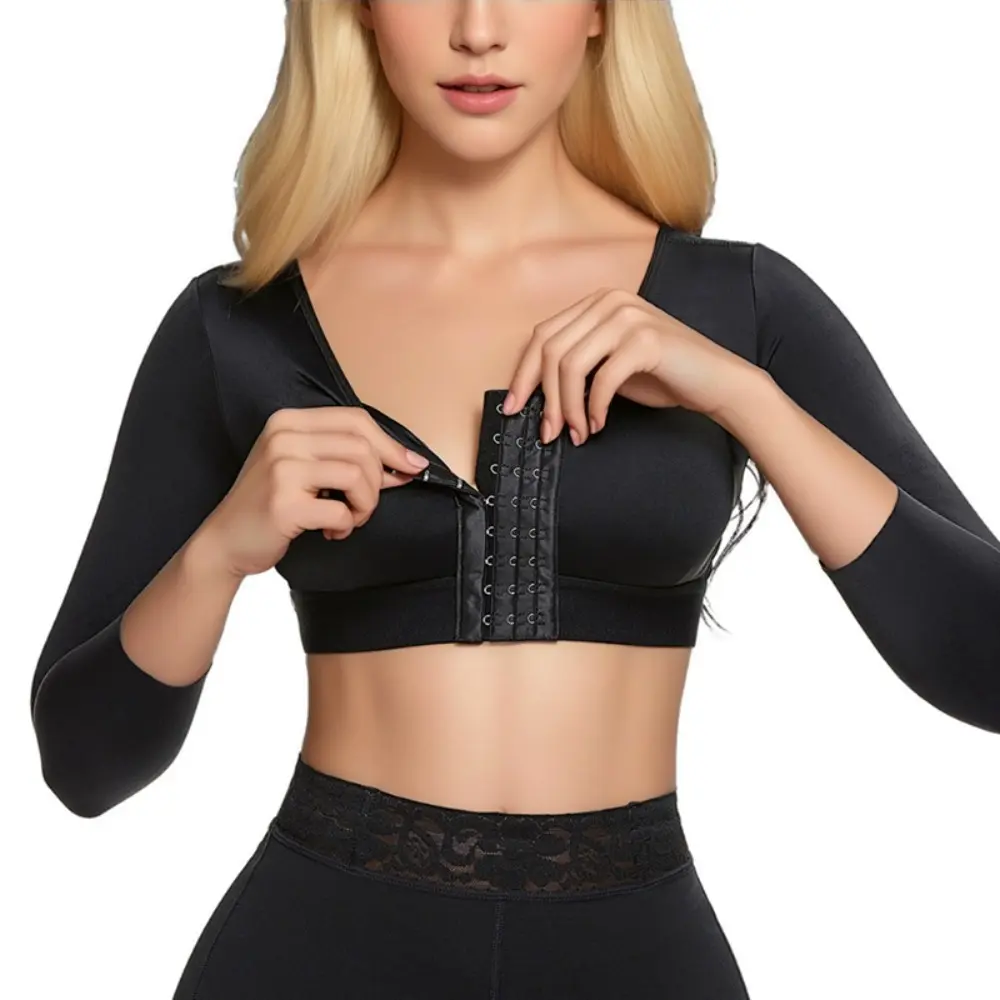 3/4 Sleeve Adjustable V-Neck Body Shaper, Front Closure Hook Compression Sleeves, Post Surgery Arm Shaper Shapewear Bra Maxi Dress Dressy Top Trendy Hoodie Yoga Pants Bottoms Business Casual Work Wear Blouse, Delicate