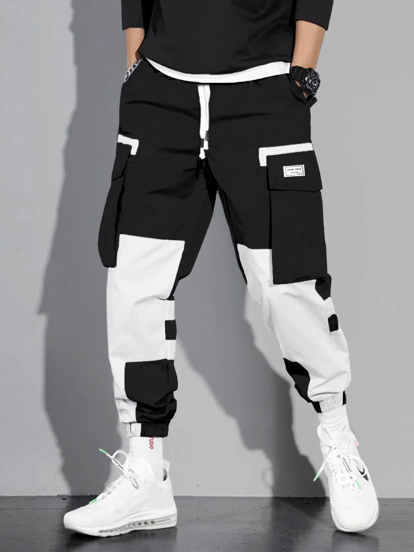 Men's Colorblock Drawstring Waist Cargo Pants, Casual Flap Pocket Letter Patched Trousers, Men's Streetwear Bottoms, Comfy Jogger Pants for Men, Casual Chic Trousers, Casual Outdoor Pants, Casual Fashion Bottoms