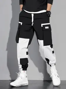 Men's Colorblock Drawstring Waist Cargo Pants, Casual Flap Pocket Letter Patched Trousers, Men's Streetwear Bottoms, Comfy Jogger Pants for Men, Casual Chic Trousers