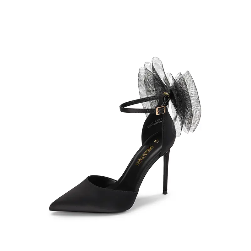 Dream Pairs Women's Classy Fashion Satin Stiletto High Heel Pumps - Pointed Toe Footwear, Detachable Bow Shoe Ideal for Weddings, Heels For Women, Ankle Strap, Black Heels