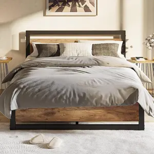 Industrial King Size Bed Frame Set - 14-Inch Heavy-Duty Metal Platform, Wood Grain Headboard & Footboard, 700lb Capacity, No Box Spring Needed, Easy Assembly, Noise-Free, Rustic Brown