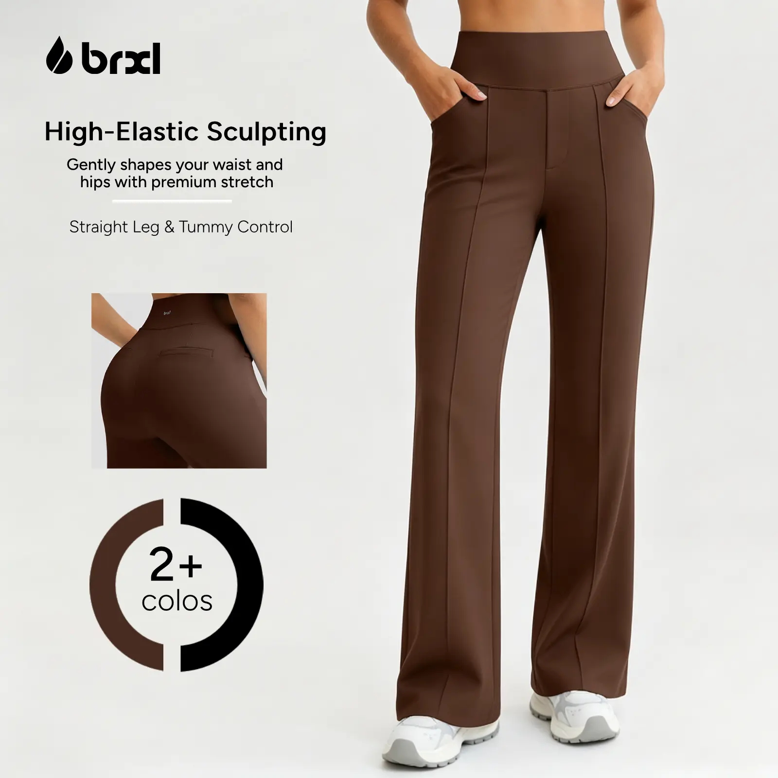 BRXL Women's High-Waisted Straight Leg Commute Pants Tummy Control Trousers with Pockets 4-Way Stretch Spandex-Nylon Fabric Lightweight Breathable Pet Hair Resistant Plain Crisp Crease Athleisure Wear