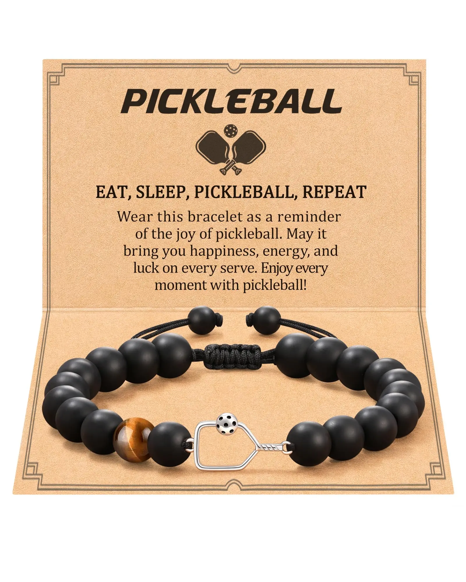 Pickleball Charm Bracelet Wristband, Handmade 8mm Natural Stone Beaded Jewelry for Women & Men, Adjustable Gift for Players, Birthday Gift Ideas, Sports, Female