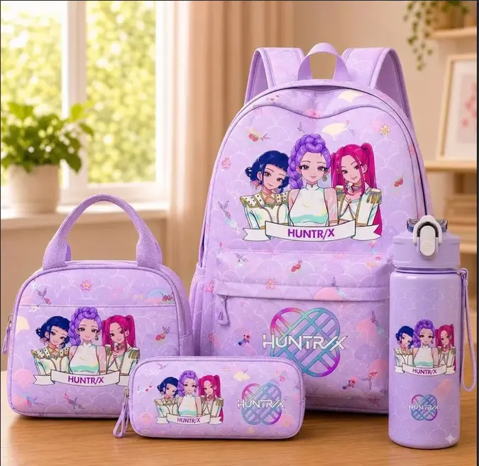 KPop Demon Hunters 4Pcs Backpack Set - HUNTR/X Graphic School Bookbag, Insulated Lunch Bag, Pencil Case & Water Bottle - Lavender Purple Aesthetic Set for Teens & Students
