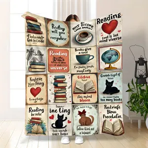 Comfortable Flannel Blanket with Bookshelf Design Soft Warm Polyester Modern Bedspread for Home Decor Camping Machine Washable Gift for Book Lovers