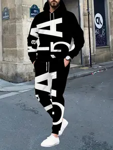 Men's 2-piece set, Streetwear tracksuit set, featuring a letter printed rest hoodie and sweatpants with drawstring and pockets, suitable for outdoor activities in spring and autumn, plus size sportswear, regular fit, printed design, hooded collar