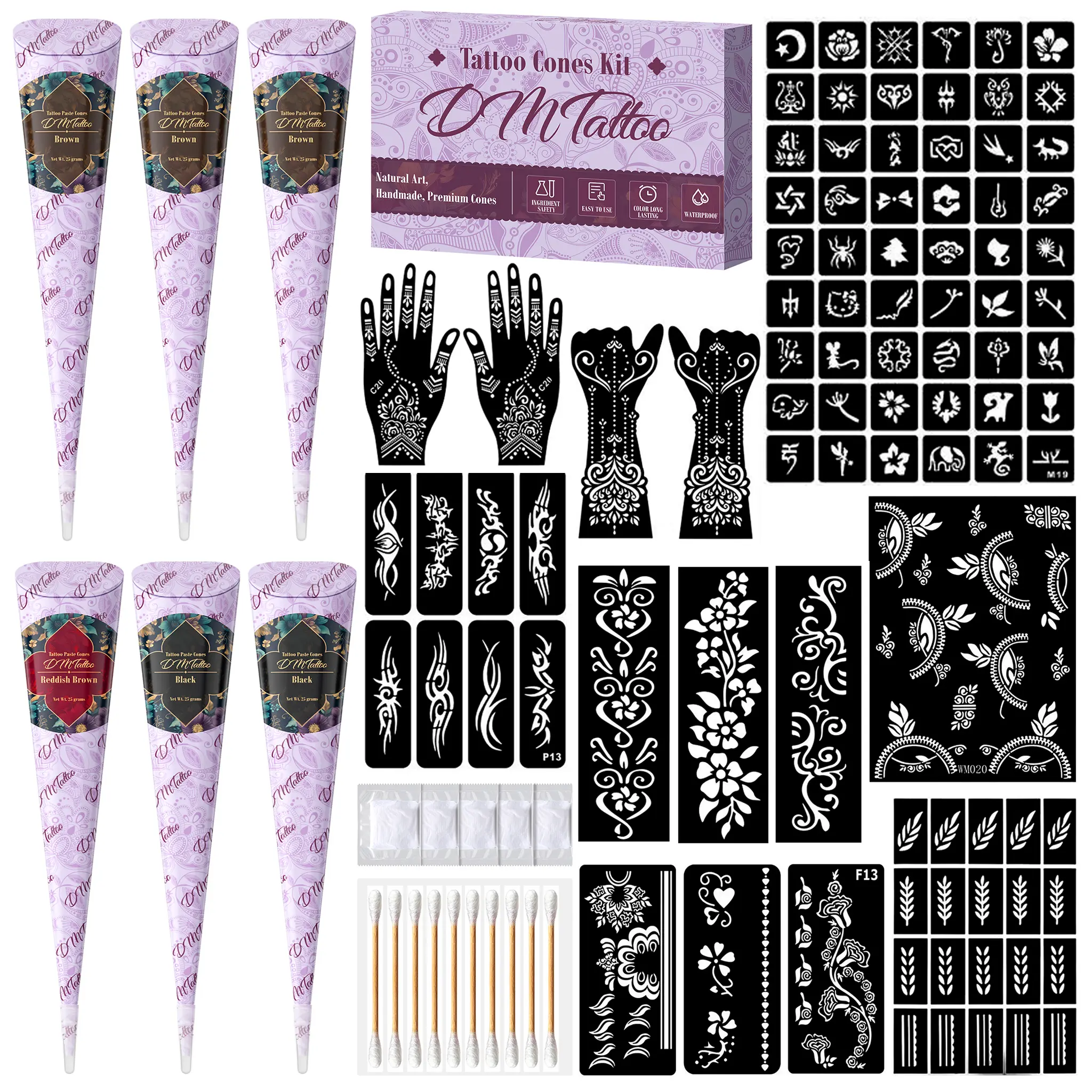 DM Temporary Tattoo Kits - 6 Paste Cones, 133 Stencils, Semi-Permanent Markers, Body Fake Tattoos, Glove, Durable Long-Lasting Look, All Skin Types, DIY Body Makeup Art, Party Gifts for Adults & Kids