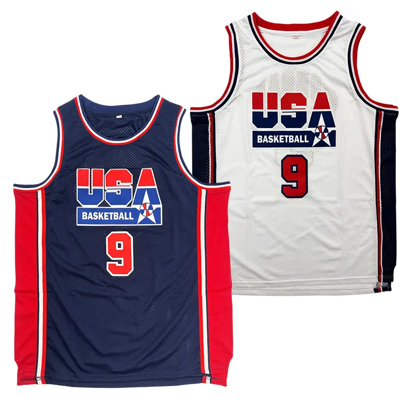 Men's 1992 USA #9 Retro Basketball Jersey - Sewn Embroidery Breathable Mesh, American Sizes S-3XL, White/Blue Casual Loose Uniform, Gym Workouts Fitness Top, 90s Dream Team Sportswear