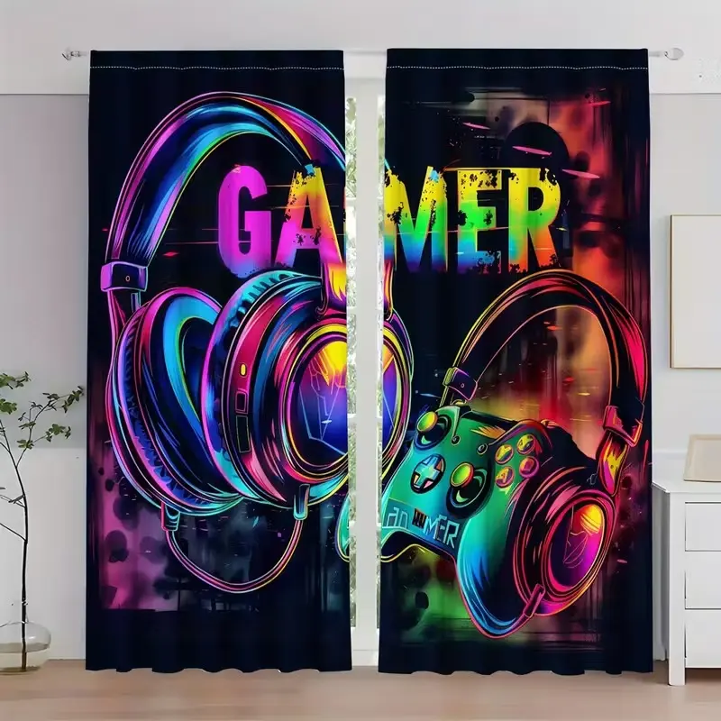 Game Controller Theme Curtain Set, Half-Transparent Design for Room Decoration, Perfect Gift for Gamers and Gaming Enthusiasts, Home Decoration Curtain, Window Curtain, Interior Decoration Accessories, Window Drapes
