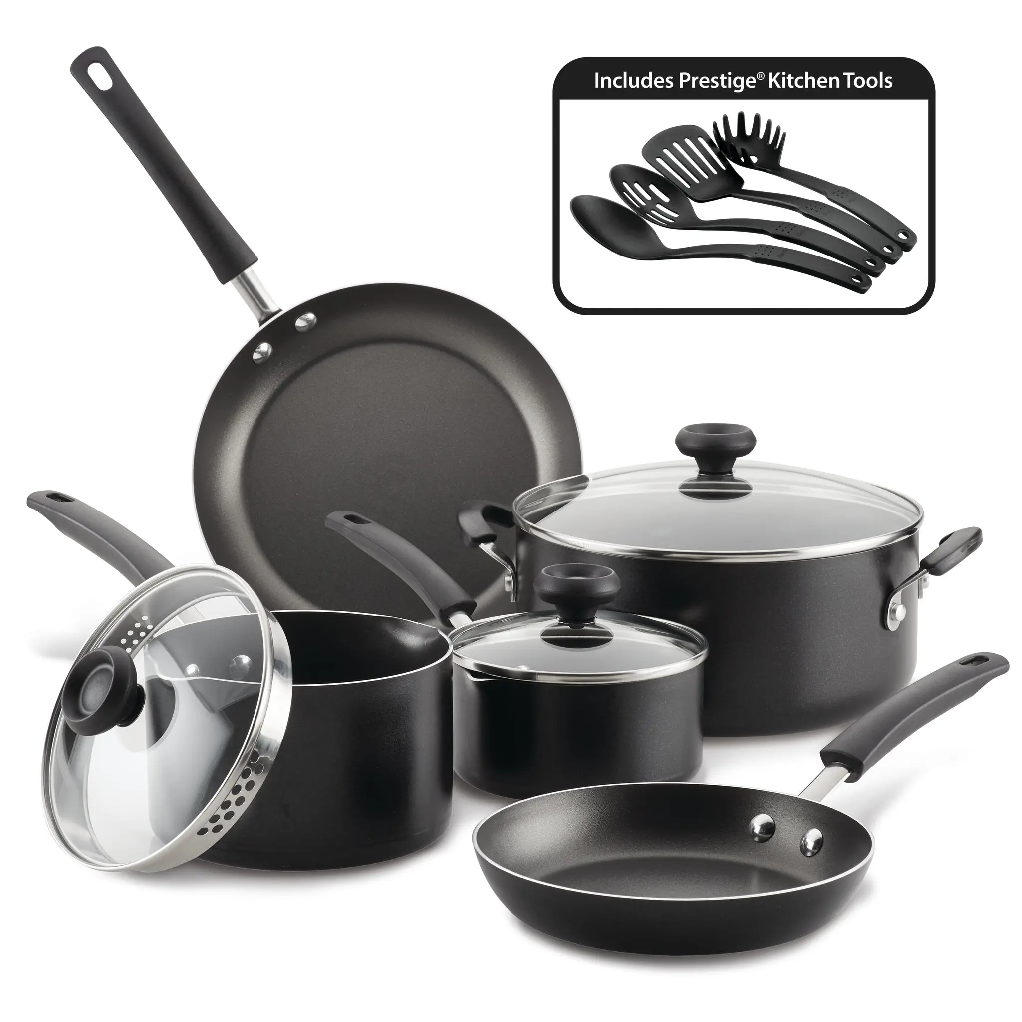 Easy Clean 12 Piece Nonstick Cookware Set with Sturdy Handles & Hanging Loops Includes Prestige Kitchen Tools Durable Construction, Pots And Pans Set, Non Stick Cookware Sets