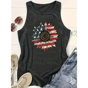 Women'S Patriotic Sunflower Graphic Tank Top, Stylish Sleeveless Tee In Charcoal Gray, Unique American Flag Design With Colorful Sunflower, Perfect For Independence Day, BBQs, And Casual Summer Outings, Great Gift For Nature And Freedom Lovers'