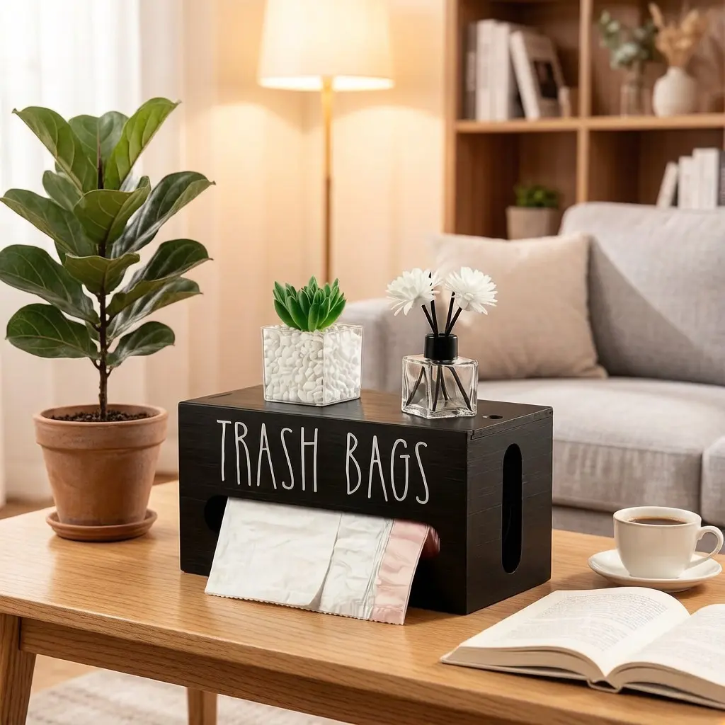 Wall Mounted 2-In-1 Wood Storage Box - Dustproof Durable Garbage Bag Holder with Tissue Organizer, Space-Saving Kitchen Accessory, Aesthetic Home Essential for Small Spaces, 7.3" L × 5" W × 3.6" H Laundry Room Organization Solution