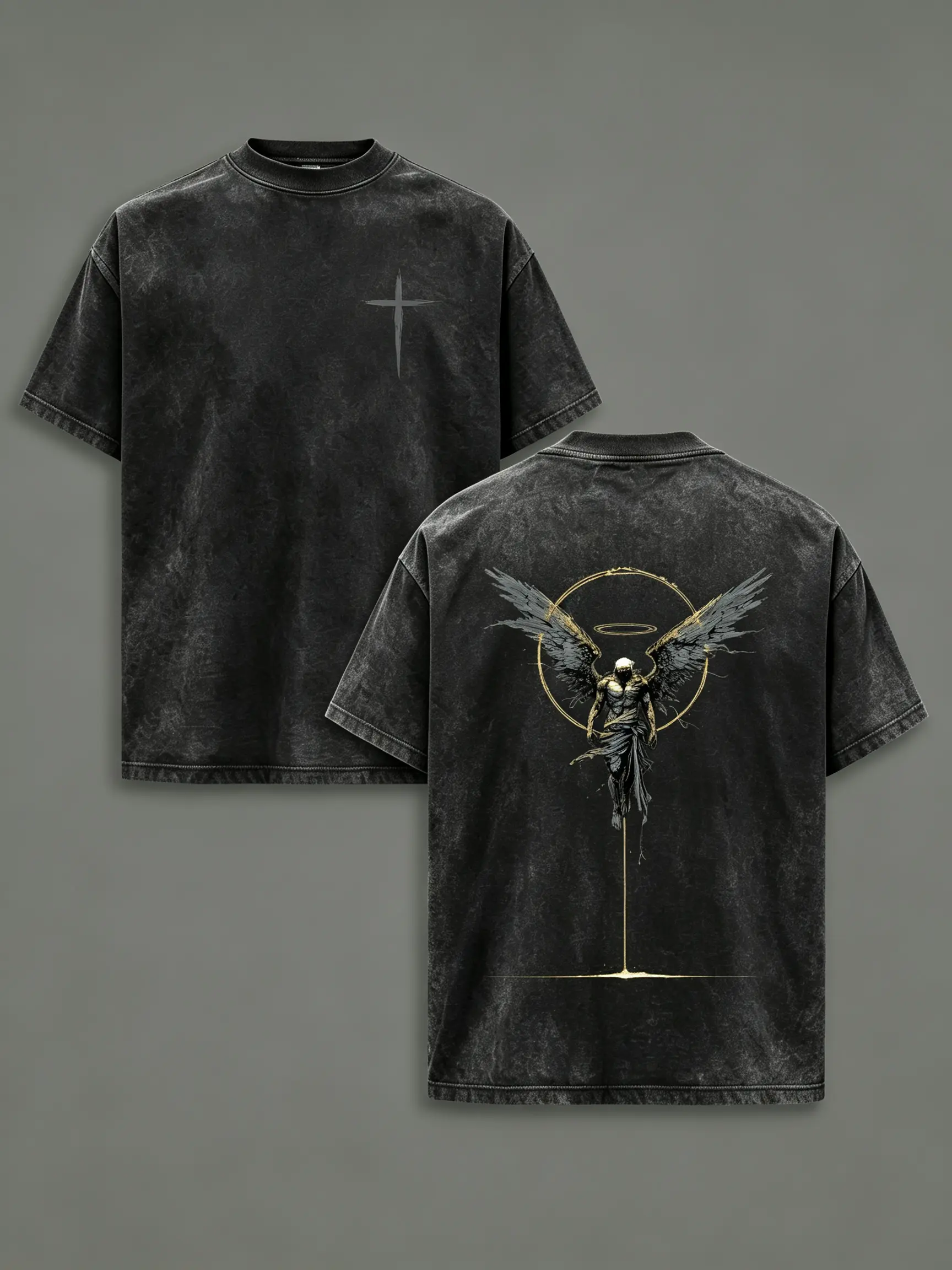Men's Vintage Cross Street Archangel of Repentance Acid Wash Pump Cover T-Shirt - Heavy Cotton Unisex Crewneck, Double-Printed Fallen Angel Crusader Armor Graphic, Gothic Style, Faith + Armor Mix, Oversized Menswear Graphic Tee, Round Neck, Tshirt Streetw