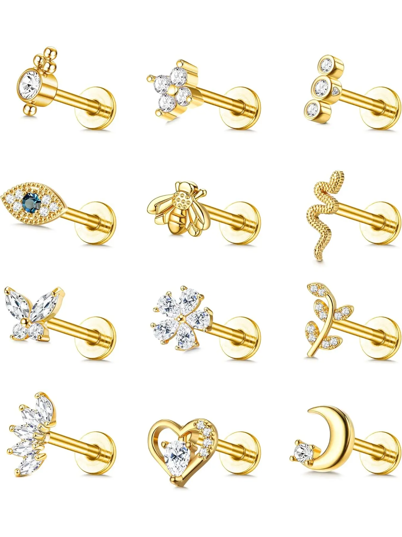 12pcs 16g Cartilage Stud Earrings, Stainless Steel, Rhinestone Design, Plain Pattern, Casual Style, All Seasons, Cartilage Earring Set, Piercing Jewelry, Gift Jewelry, Statement Earrings, Rhinestone Decorated Bling