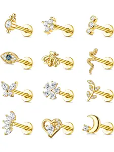 12pcs 16g Cartilage Stud Earrings, Stainless Steel, Rhinestone Design, Plain Pattern, Casual Style, All Seasons, Piercing Jewelry