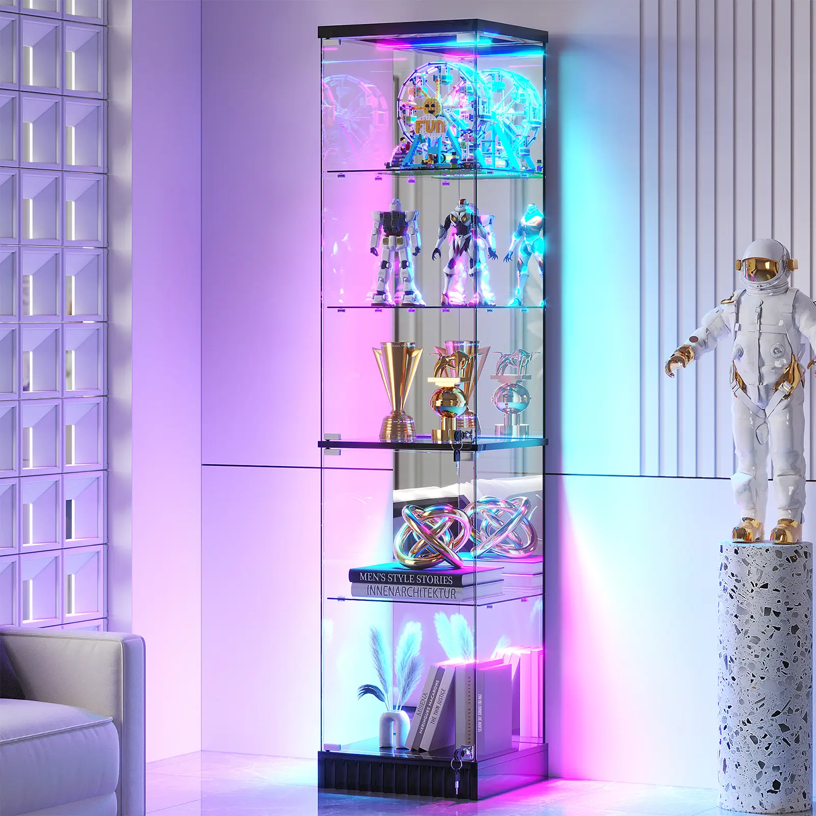 VLSRKA 67" Corner RGB Display Cabinet for Collectibles | Lockable Glass Curio Case with LED Motion Sensor Light, 5-Tier Figure Showcase with Glass Shelves