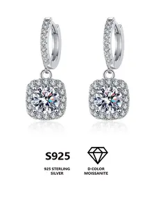 S925 Sterling Silver Artificial Moissanite Decorated Earrings, Luxury Square Shaped Pendant Earrings for Women, Trendy All-match & Exquisite Jewelry for Birthday Gift