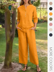 Women's Solid Button Front Top & Pocket Pants Two-piece Set, Casual 3/4 Sleeve Top & Trousers for Daily Wear, Ladies Clothes for All Seasons, Womenswear