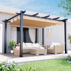 EROMMY Retractable Pergola 10x13 Ft, Outdoor Aluminum Shelter with Dual Adjustable Sun Shade Canopy for Patio Backyard, Locking System Includes Straps & Screws (Khaki)