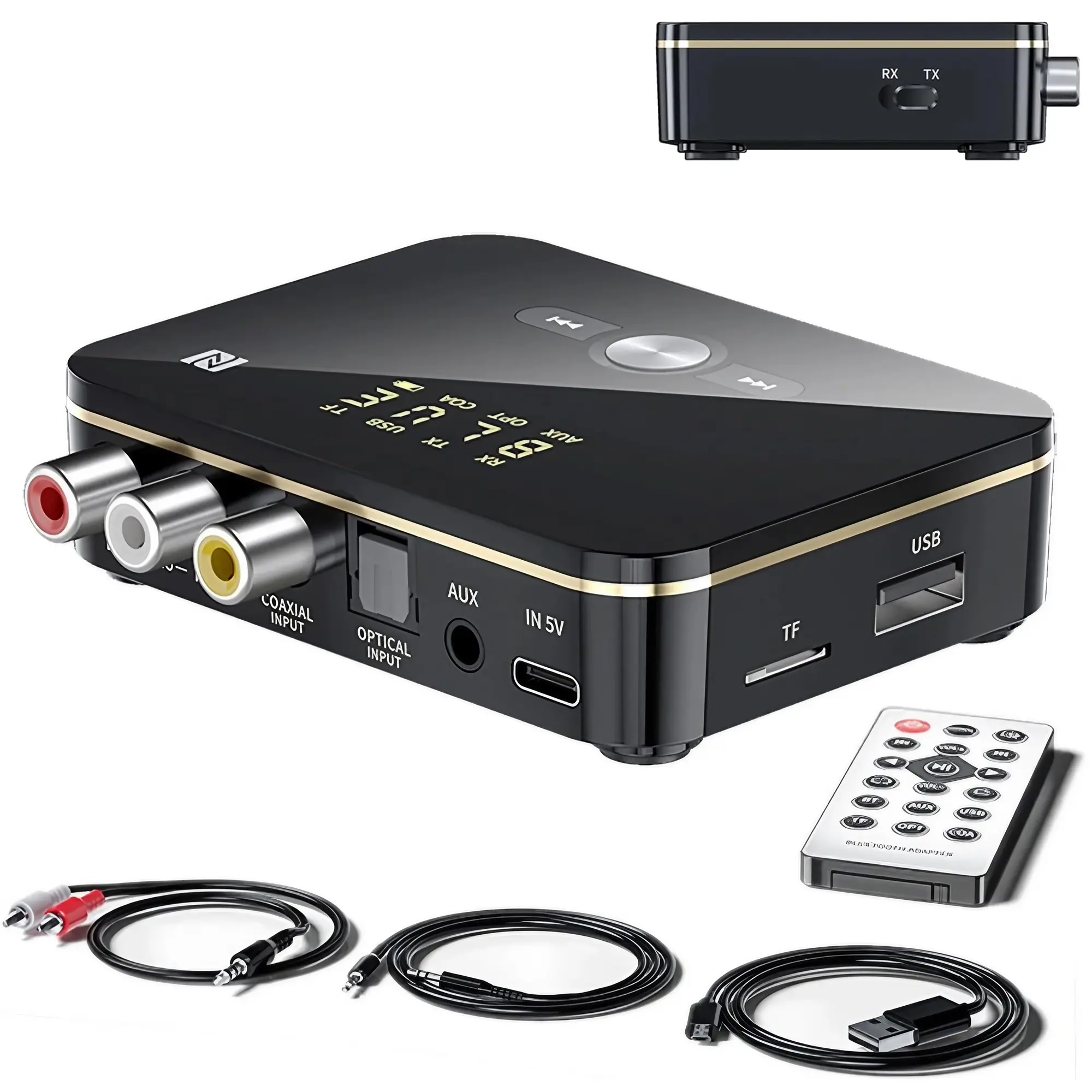 BT 5.0 Receiver and Transmitter, NFC-enabled Wireless Adapter for Music Streaming Sound Systems, Car Auxiliary, Home TV Stereo, Smartphones, Tablets and Speakers, Low Latency and HD Audio, Cables, Box, USB, Audio Equipment