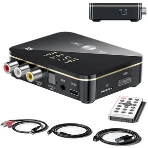 BT 5.0 Receiver and Transmitter, NFC-enabled Wireless Adapter for Music Streaming Sound Systems, Car Auxiliary, Home TV Stereo, Smartphones, Tablets and Speakers, Low Latency and HD Audio, Cables, Box