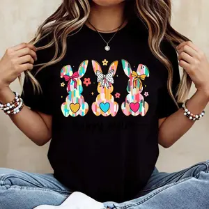 Easter Bunny and Happy Easter Text Printed Open Fork Set White Crewneck T Shirt for Spring Holiday